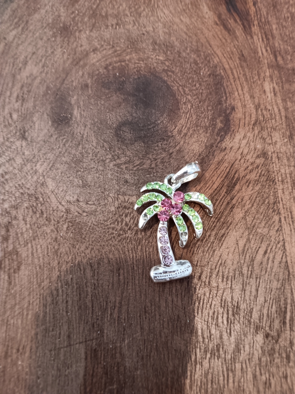Fashion Jewelry Silver-Tone Palm Tree Pendant with Pink and Green Crystals